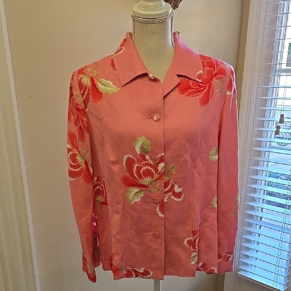 EMMA JAMES Floral Linen Pink Green Blazer button front long sleeve Lined 12 EUC
